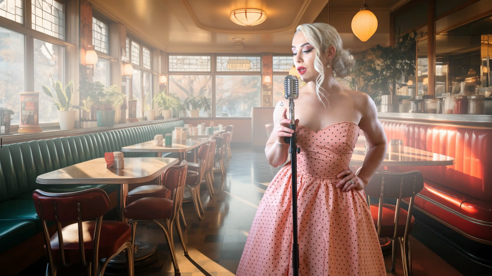 A portrait of a singer in a pink polka-dot dress inside a retro diner, AI-generated background
