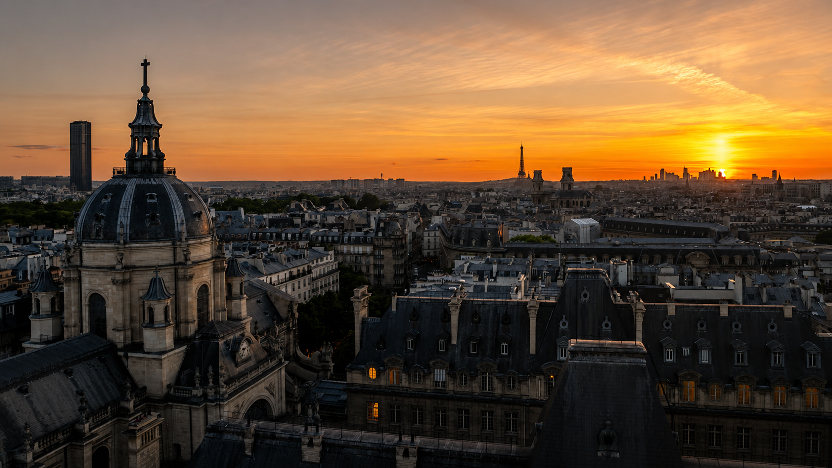 The same Paris cityscape at sunset after fixing the mask edge, no halo left along the dome or rooftop