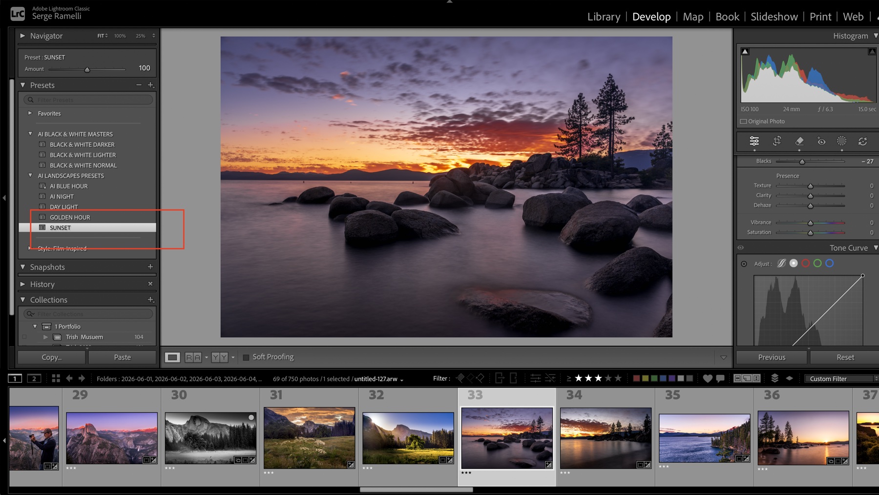 Lake Tahoe sunset photo after applying a Lightroom Sunset preset in Lightroom Classic