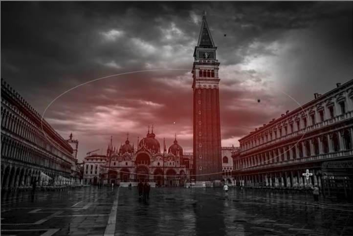 Directional drag adjustment mask overlay darkening the sky and brightening the tower