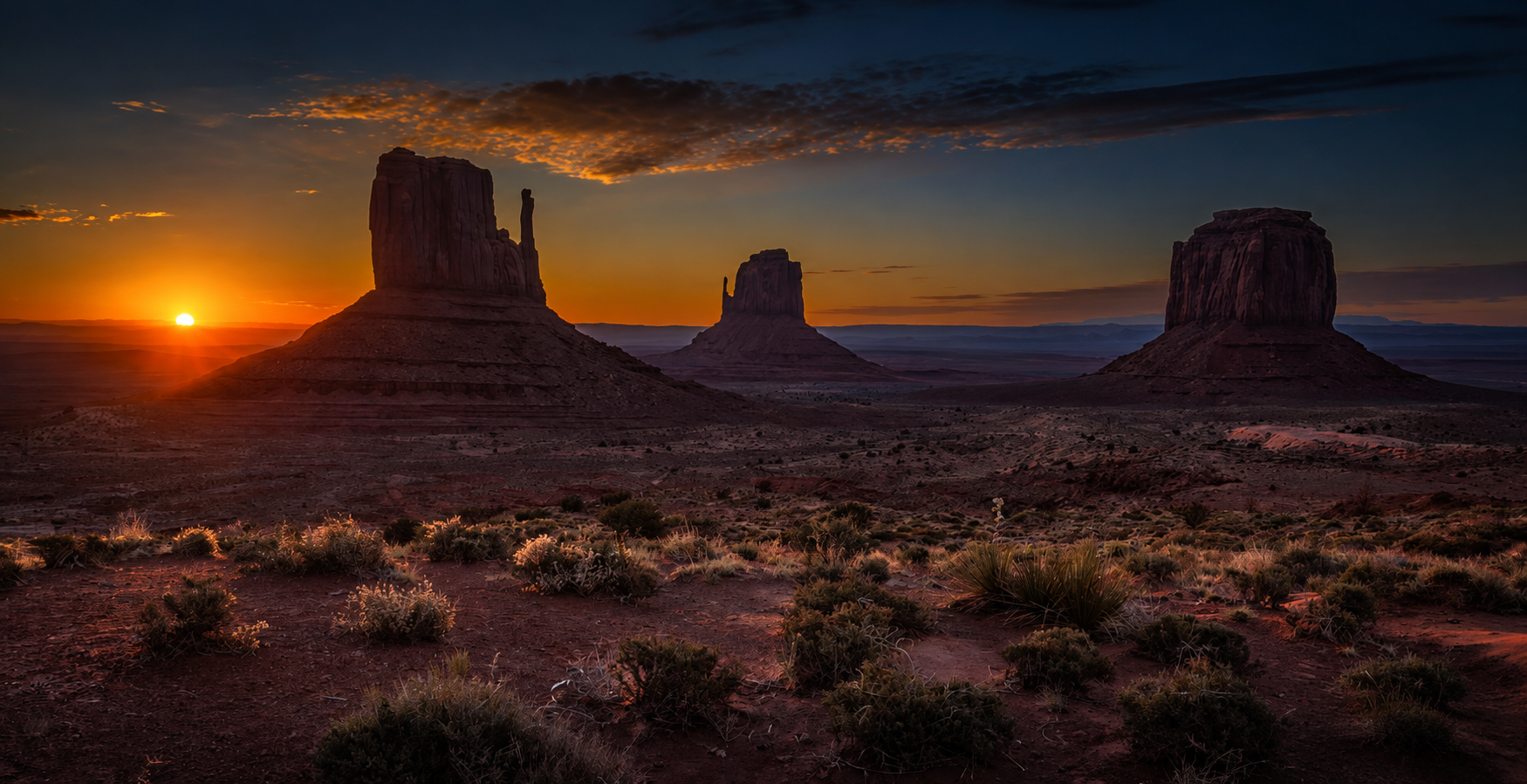 After: the finished Monument Valley sunrise, dramatic sky grading with every mask boundary invisible