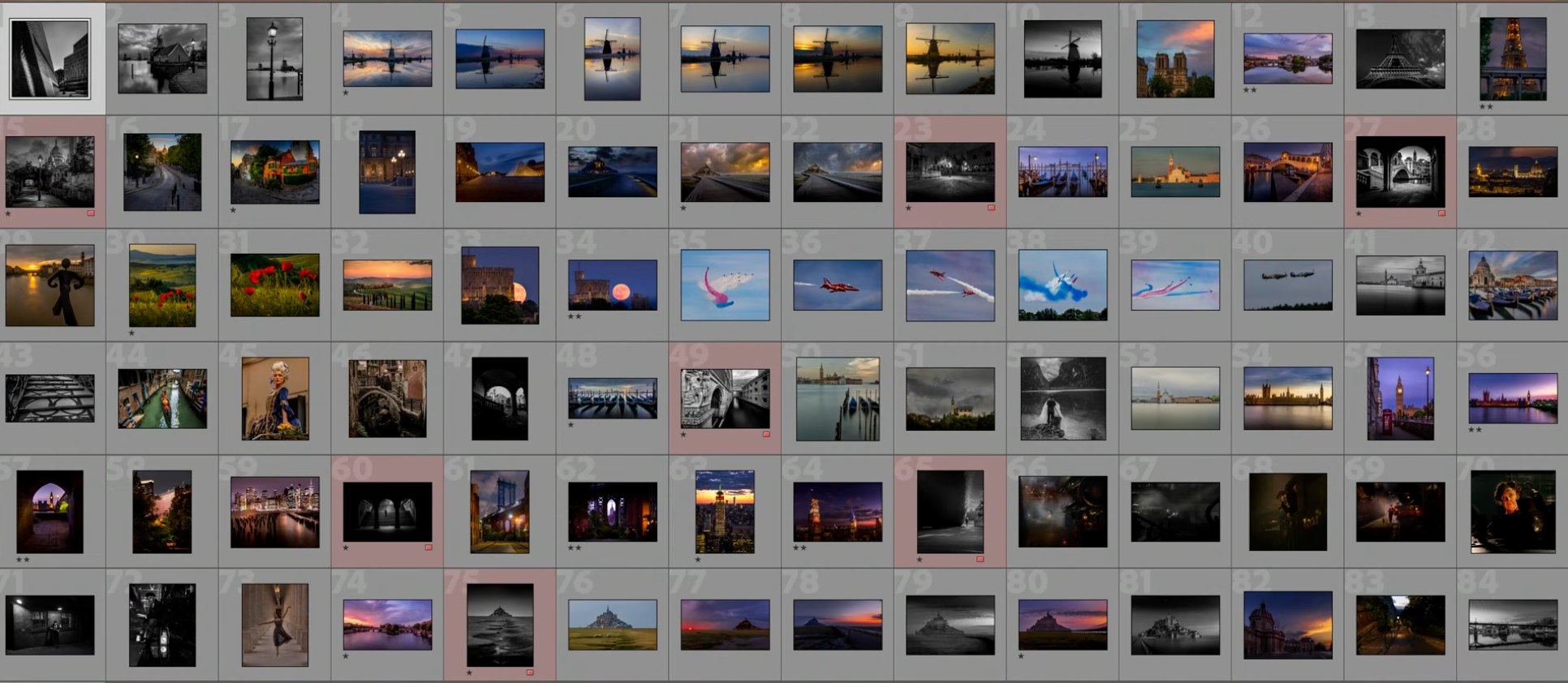 A Lightroom Library grid showing all 85 of Richard's photos, numbered, with a mix of star ratings and rejected flags