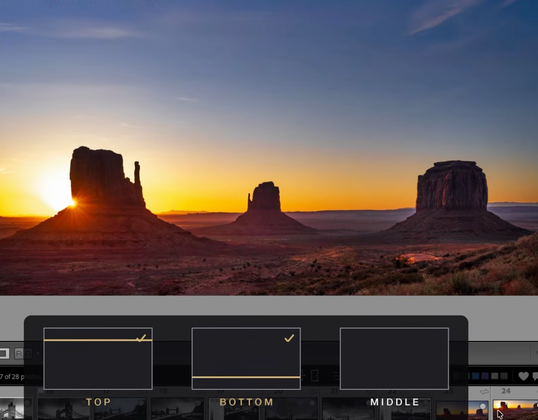 Lightroom's crop tool testing horizon placement at the top, bottom, and middle of a Monument Valley sunrise
