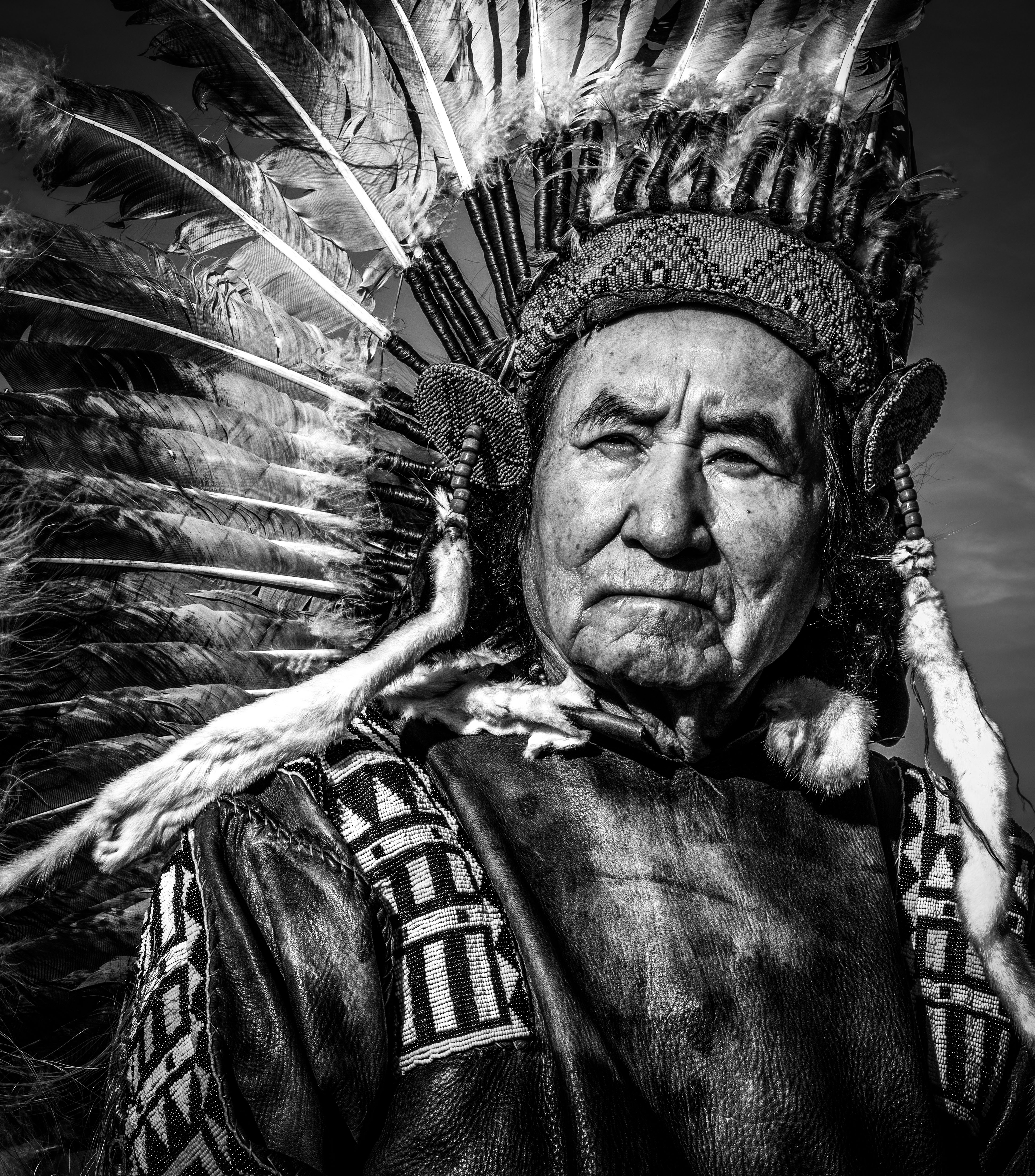 Black and white portrait of a Native American chief edited by Serge Ramelli