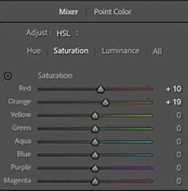 The Color Mixer panel adjusting hue and saturation on individual color ranges in Lightroom