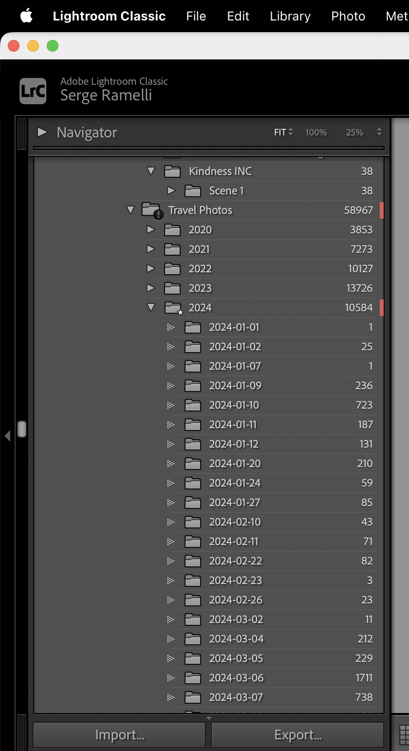 Lightroom Classic catalog with over 58,000 photos organised in folders