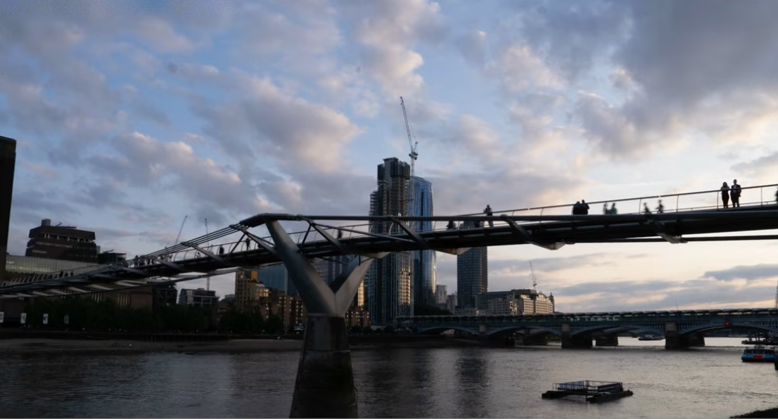 An under-edited, flat and lifeless photo of the Millennium Bridge at sunset in London