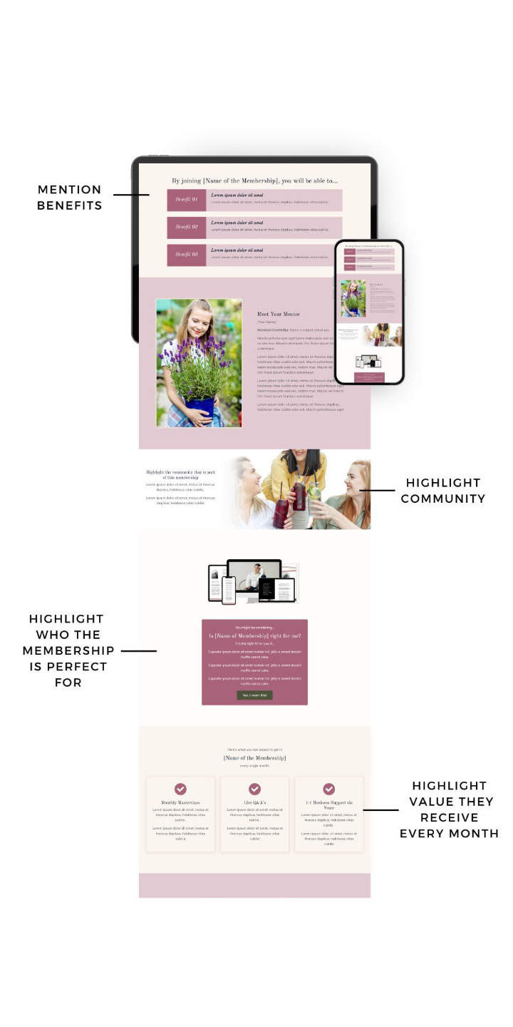 Kajabi membership sales page template framework — section 2 of 3, community and value sections