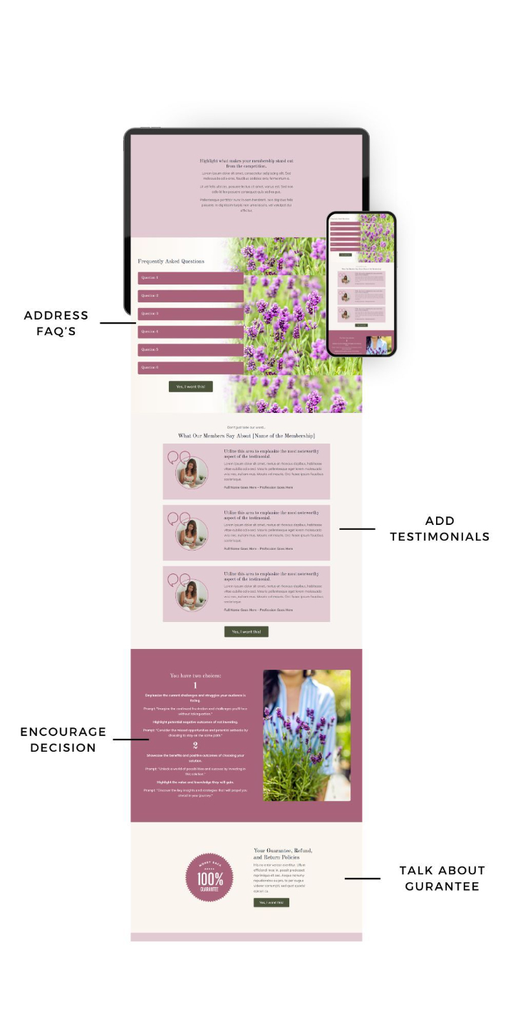 Kajabi membership sales page template framework — section 3 of 3, pricing and FAQ layout