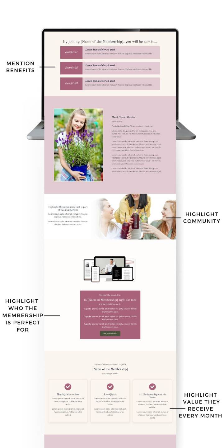 Kajabi membership sales page template framework — section 2 of 3, community and value sections