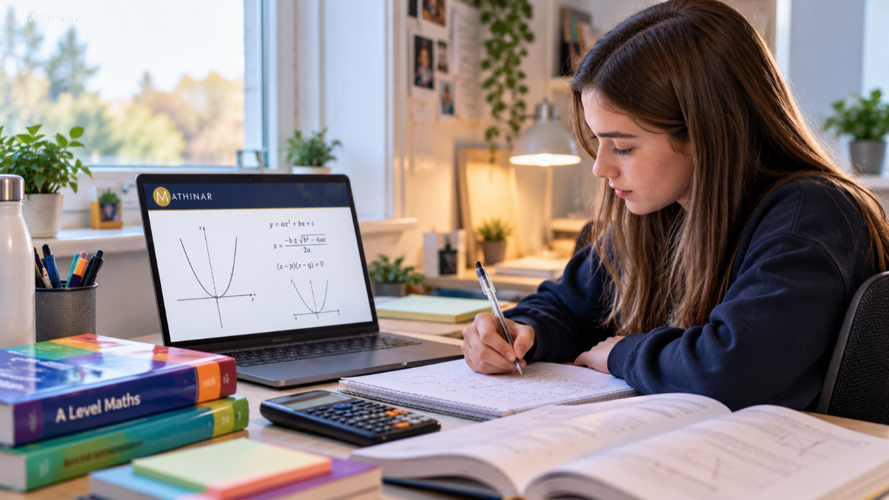 Sixth-form student studying A-Level maths at home with a calculator, notebook and laptop