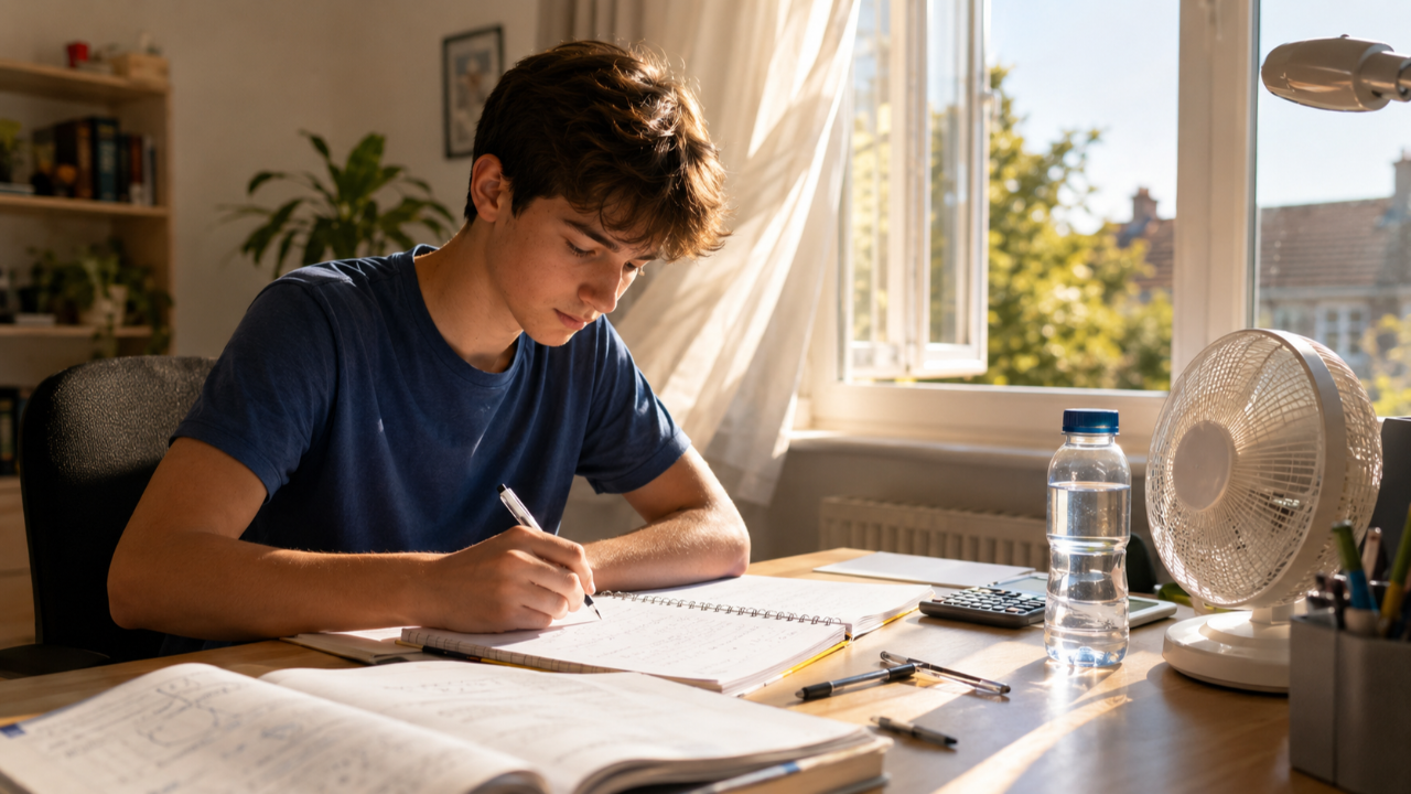 Student revising at home during a summer heatwave, demonstrating focus and adaptability while studying maths.