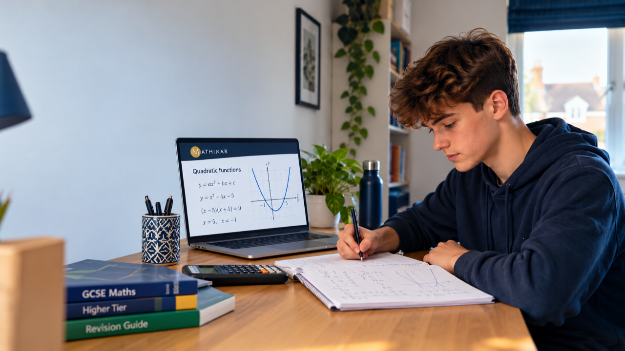 Year 11 student studying GCSE maths at home with a calculator and online learning resources.