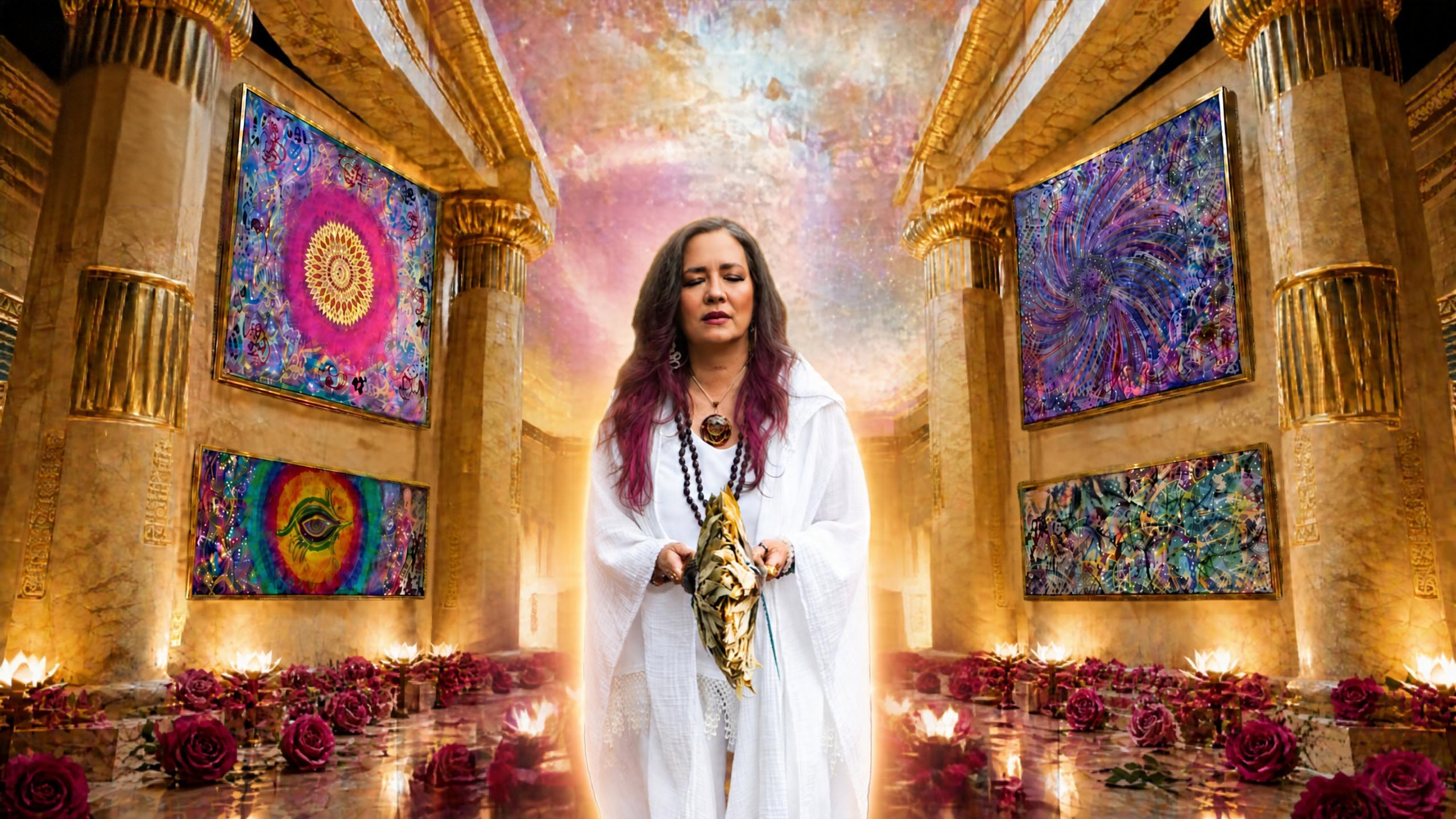 Elohi Magdalena Rosa as priestess in a golden temple, surrounded by her portal paintings in the Gallery of Light