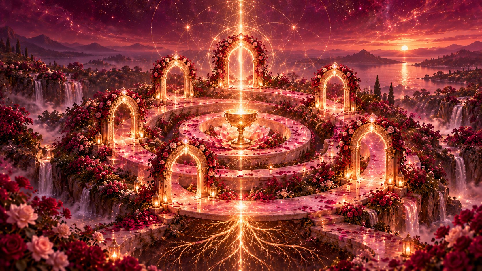 The Rose Grail Pathway of Initiation: a spiral path through six rose-covered archways to the Grail at its center, the seven sacred gates
