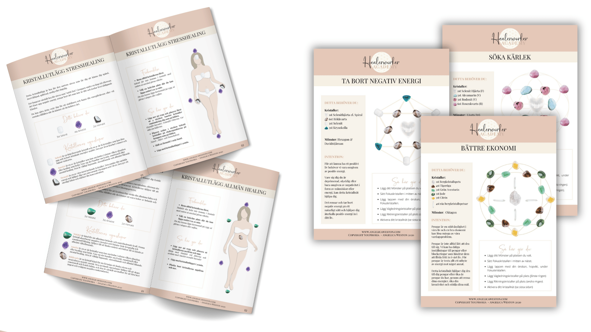 Nedladdningsbara kristallnät och kristallutlägg tillgängliga i Introduktion till Kristaller kursen från Healerworker Academy, inklusive kristallrekommendationer.