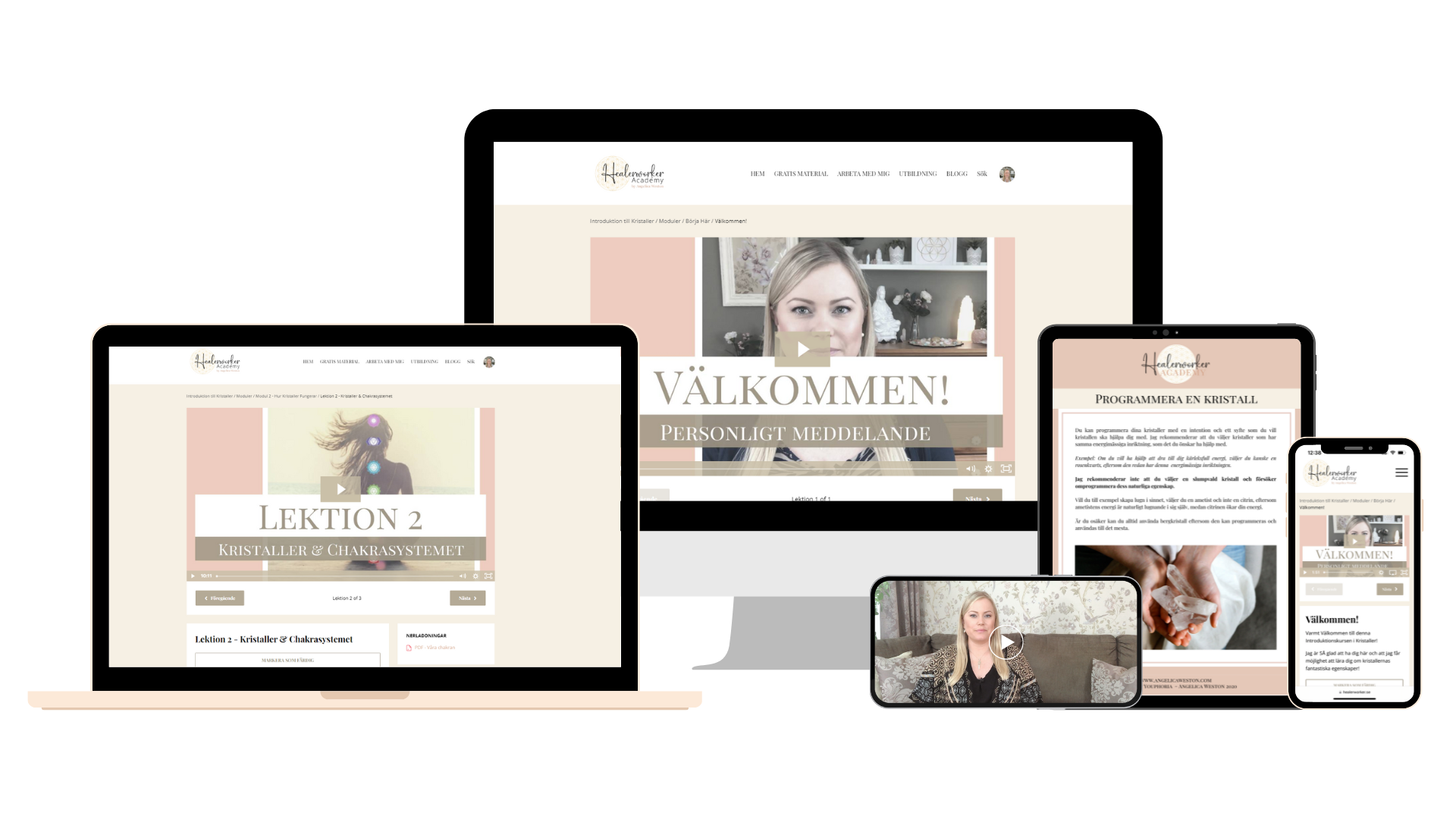 Onlinekurs visning av Introduktion till Kristaller av Angelica Weston från Healerworker Academy på olika enheter.