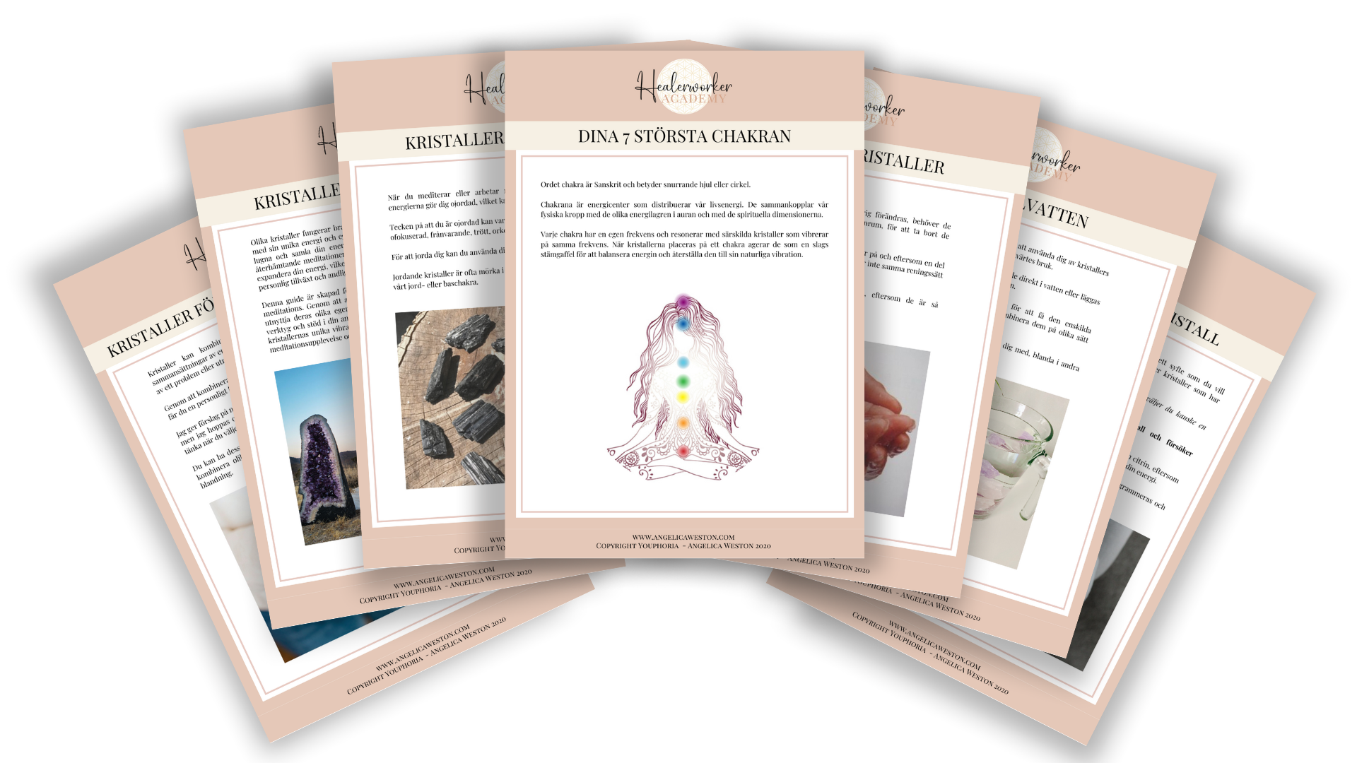 Nedladdningsbara guider tillgängliga i Introduktion till Kristaller kursen från Healerworker Academy, inklusive övningar och kristallrekommendationer.