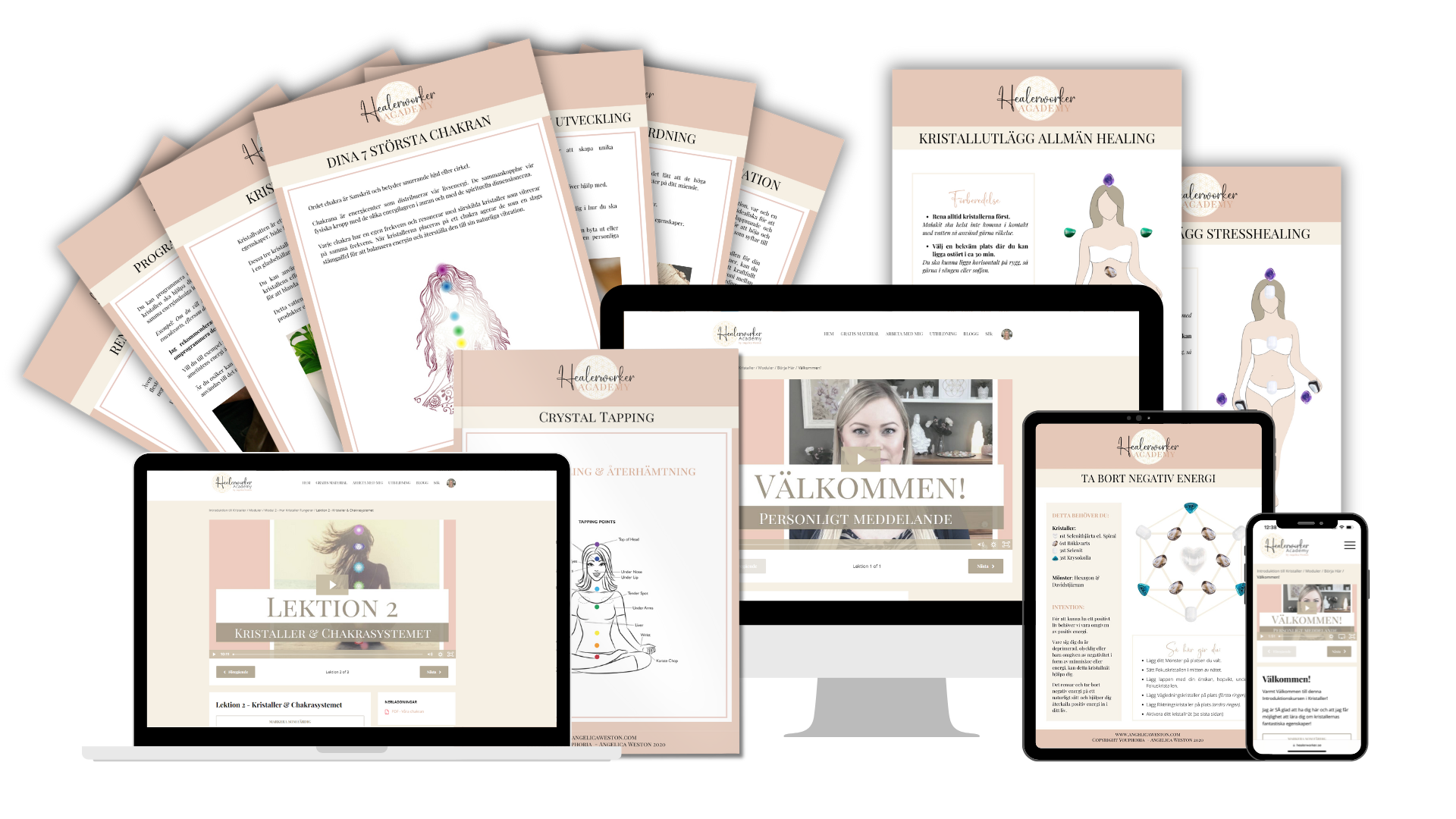 Onlinekursvisning av Introduktion till Kristaller av Angelica Weston från Healerworker Academy på olika enheter med tillhörande arbetsböcker.