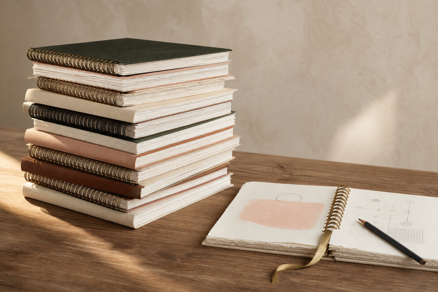 A tall stack of pristine spiral-bound workbooks beside one actively used learning journal
