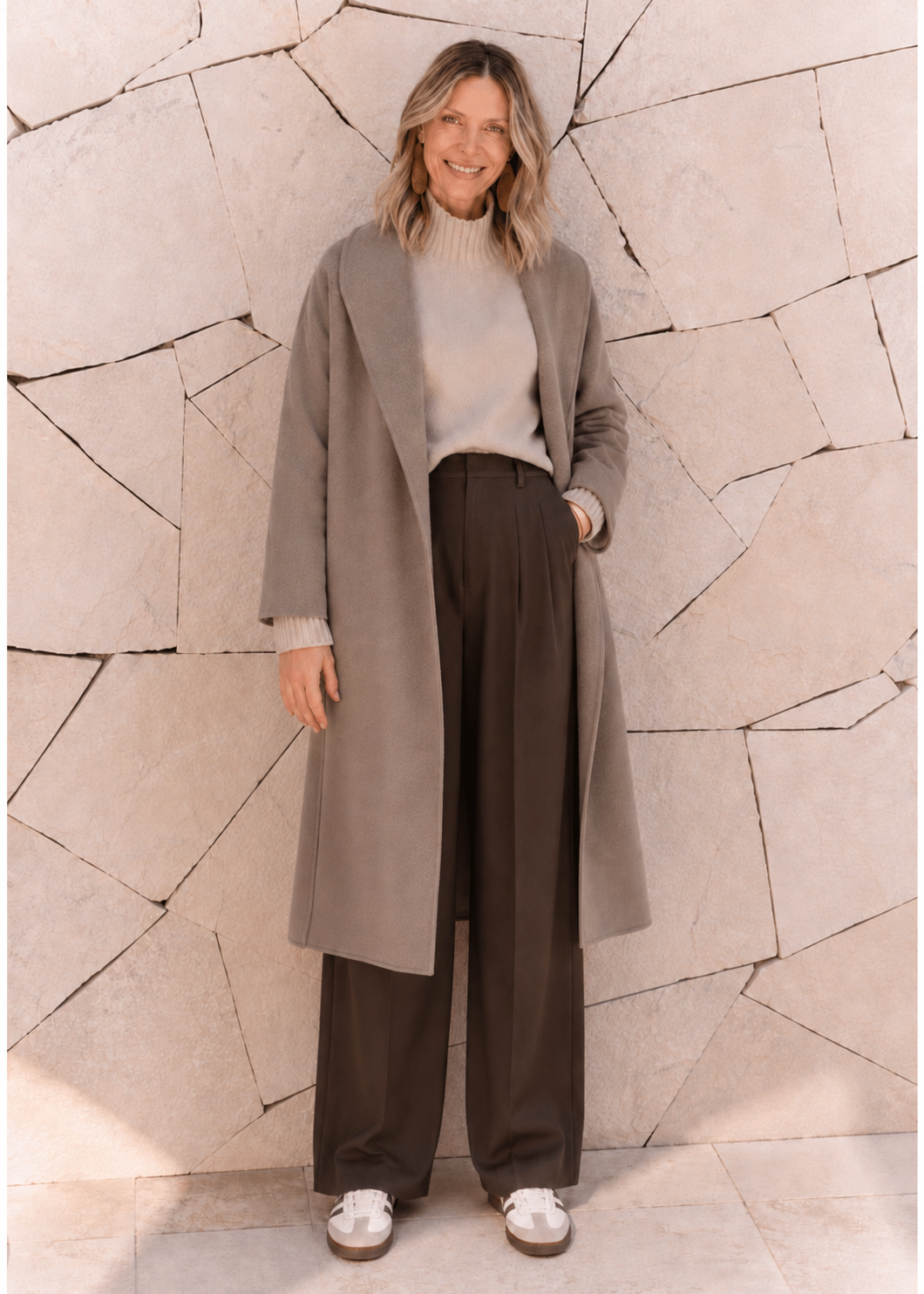 Alana Chernecki standing against a sculptural stone wall