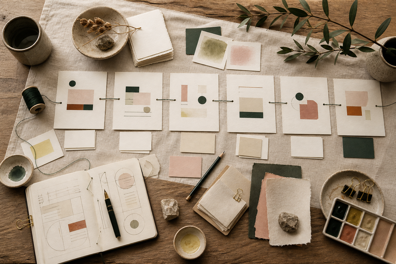 A six-stage curriculum audit arranged as an arts-rich editorial flatlay