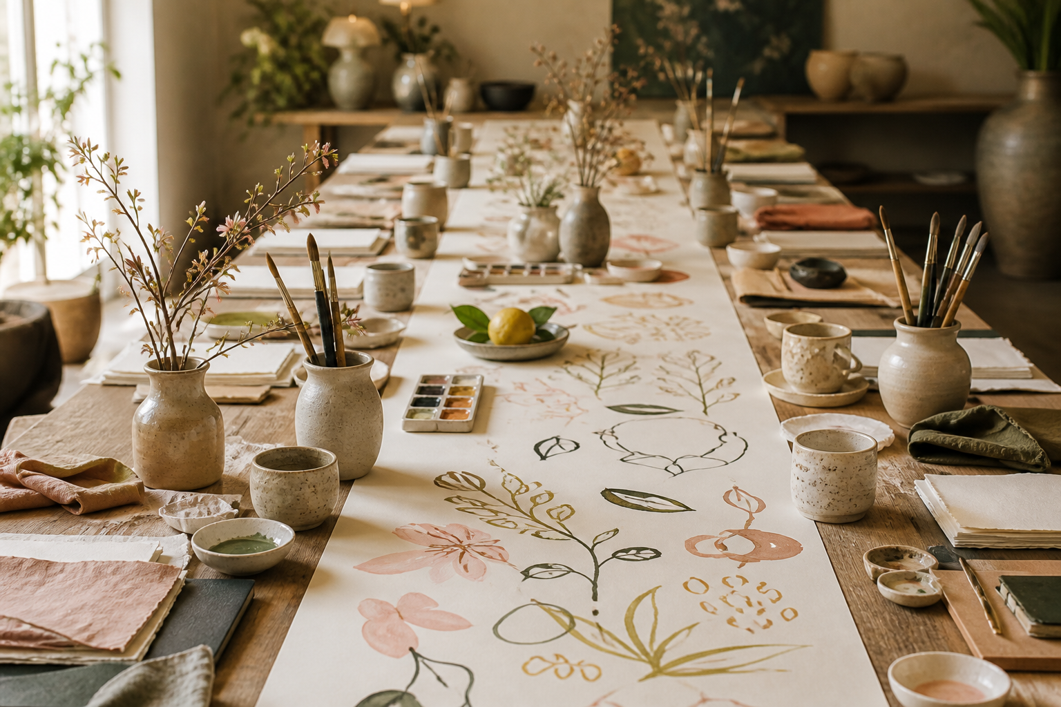 An arts-rich communal learning table with handmade materials, watercolor and botanical drawings
