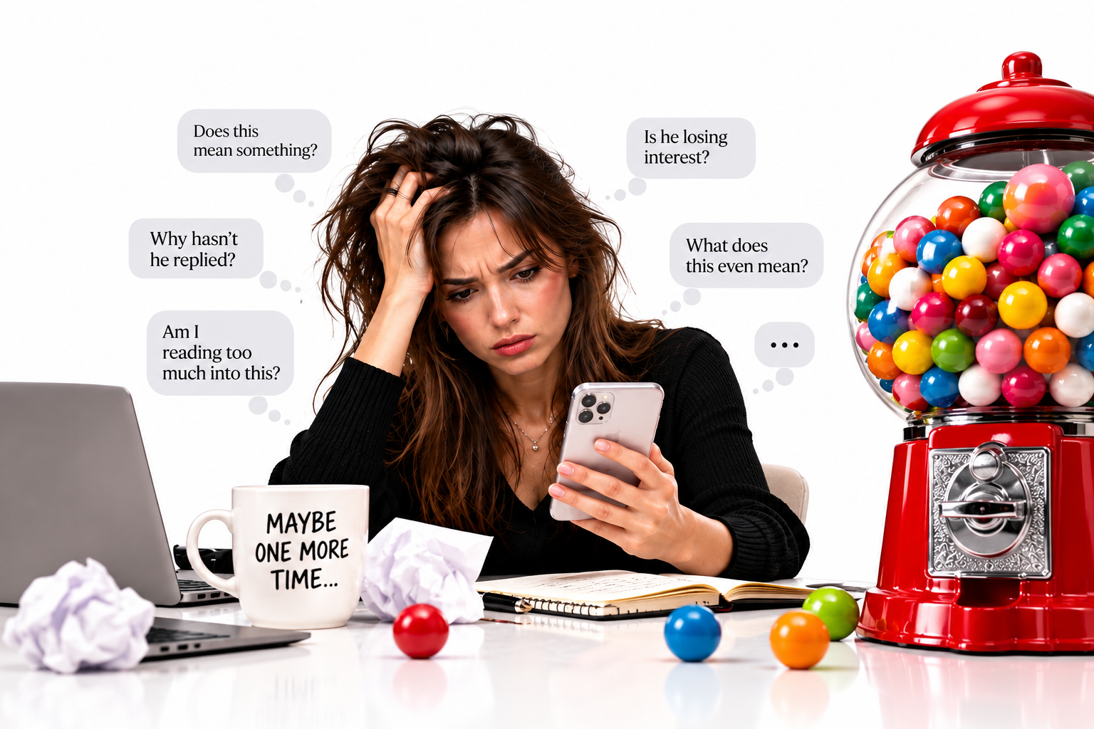 A woman overanalyzing relationship messages beside her phone, a “Maybe one more time” coffee cup, and a traditional red Gumball Love gumball machine.