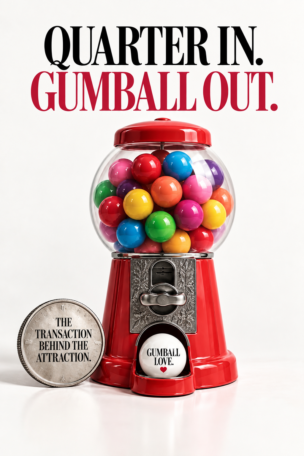 A red gumball machine illustrating quarter in, gumball out