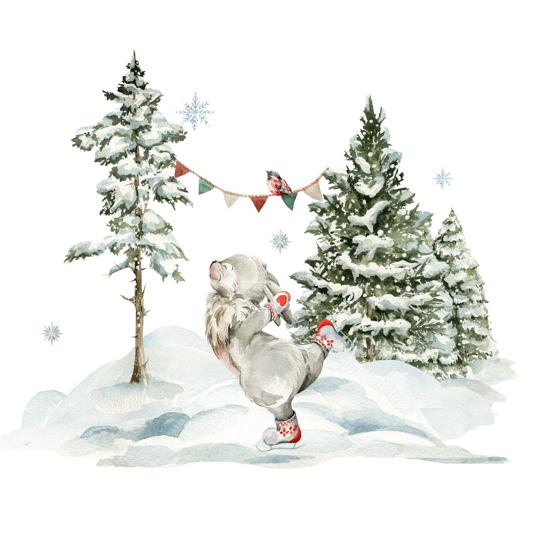 A watercolor bunny happily ice skating in bright red and white skates on a pond.