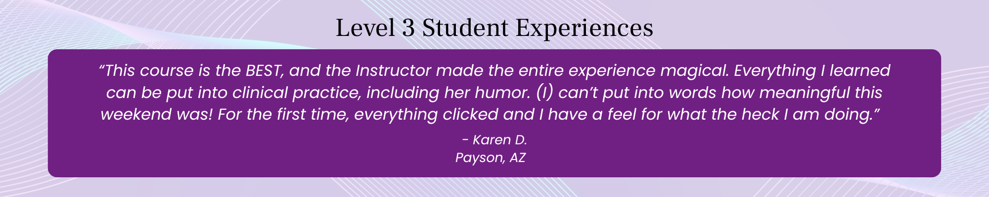 Level 3 Healing Touch student testimonial describing advanced learning, instructor-led insight, and readiness for clinical application.
