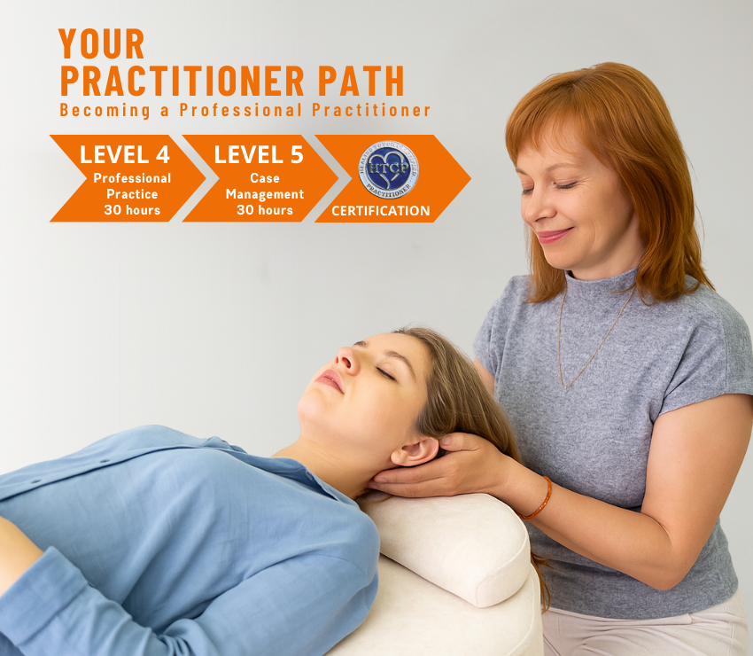 Healing Touch Practitioner Path showing advanced training Levels 4–5 and professional energy healing practice with a client.