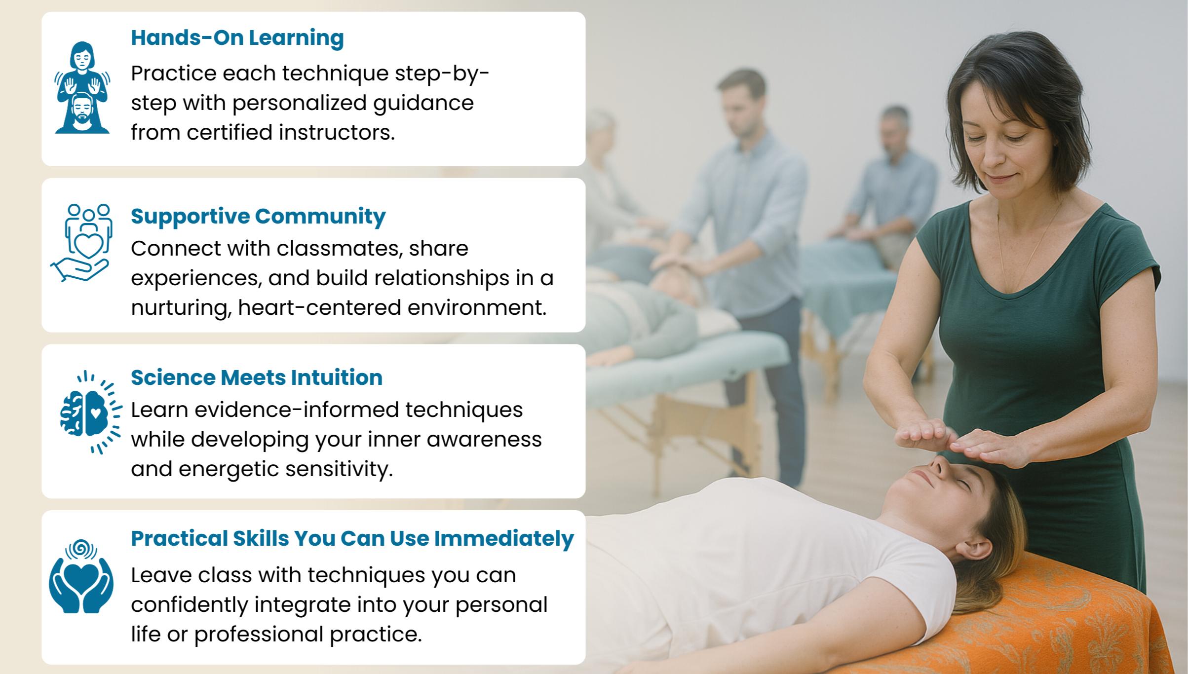 Healing Touch Foundational Path hands-on training, with students practicing energy healing techniques in a supportive, instructor-guided learning environment.