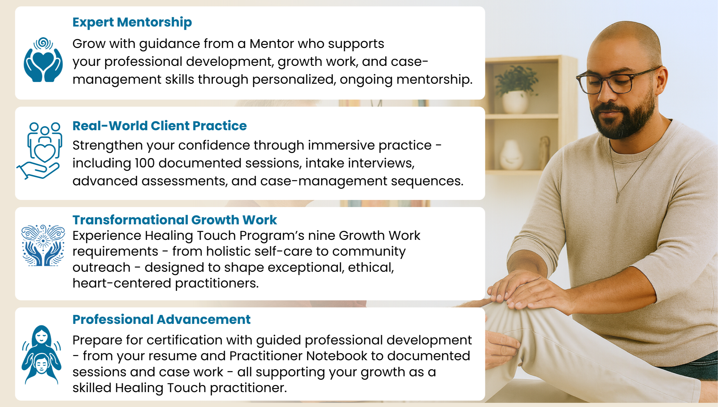Healing Touch Practitioner Path experience showing advanced training, mentorship, real-world client practice, transformational growth work, and preparation for professional certification.