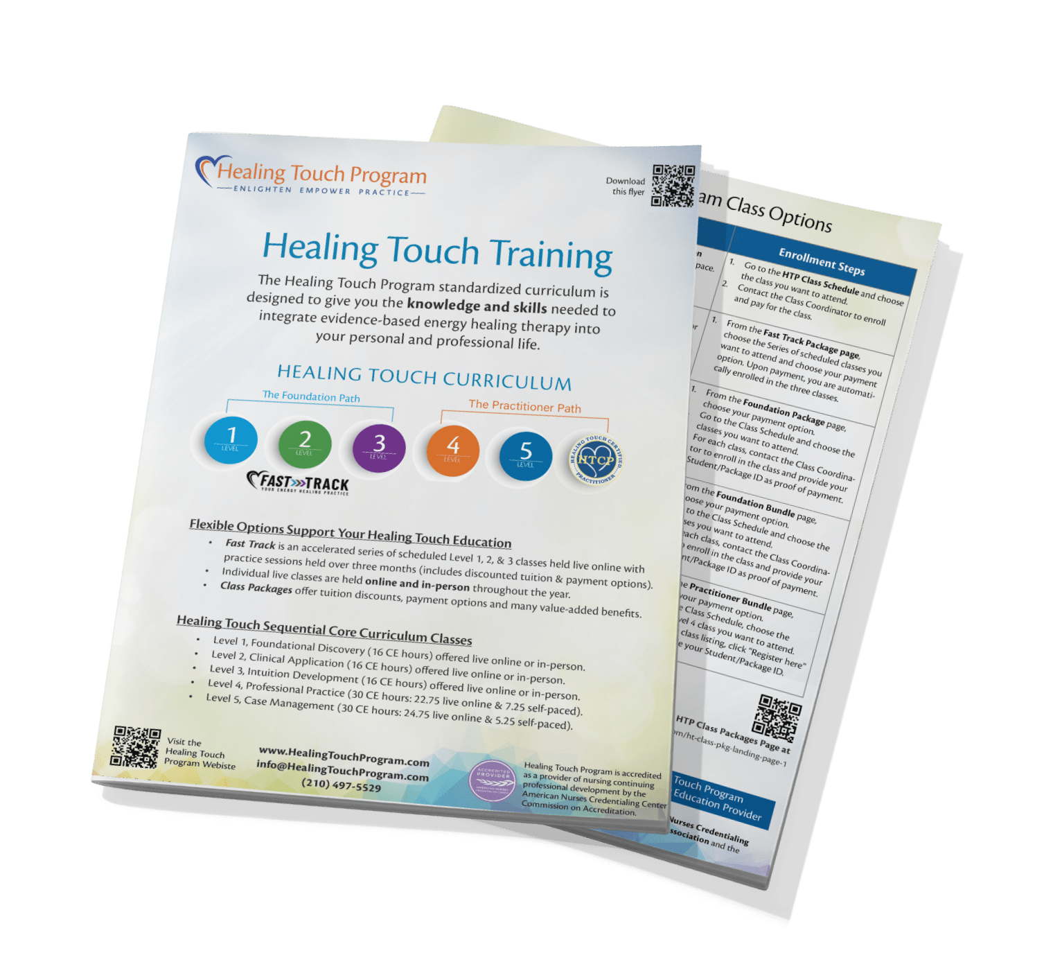 Printable Healing Touch class flyer showing course levels, hour requirements, and training structure.