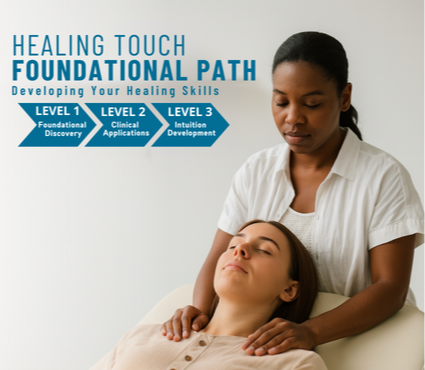 Healing Touch Foundational Path showing Levels 1–3 training, with practitioner providing a hands-on energy healing session.
