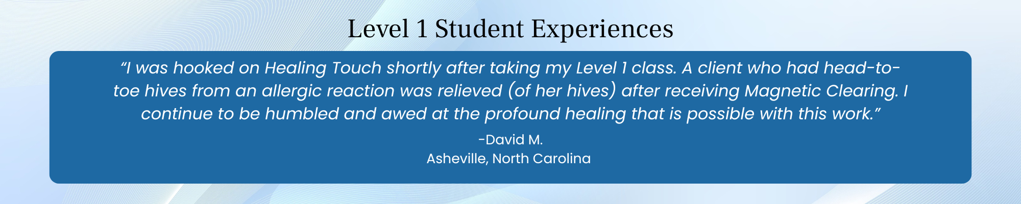Level 1 Healing Touch student testimonial reflecting early confidence and meaningful experiences with energy healing techniques.