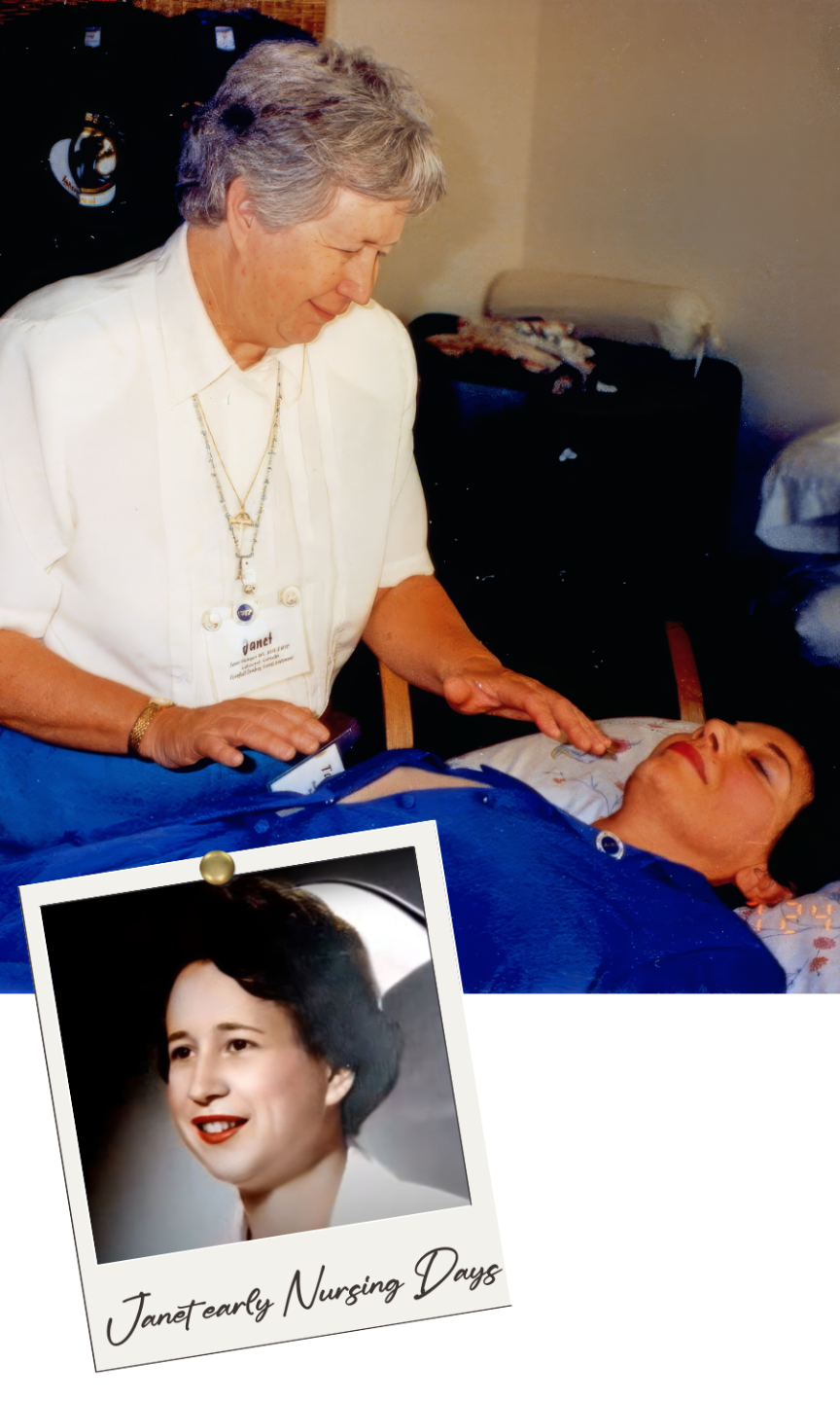 Janet Mentgen, founder of the Healing Touch Program, demonstrating hands-on energy healing during a nursing-era clinical setting.