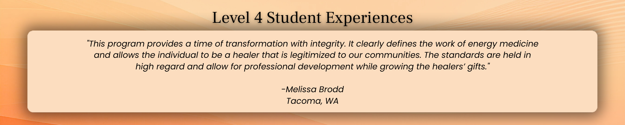 Level 4 Healing Touch student testimonial emphasizing professional standards, integrity in energy medicine, and practitioner development.