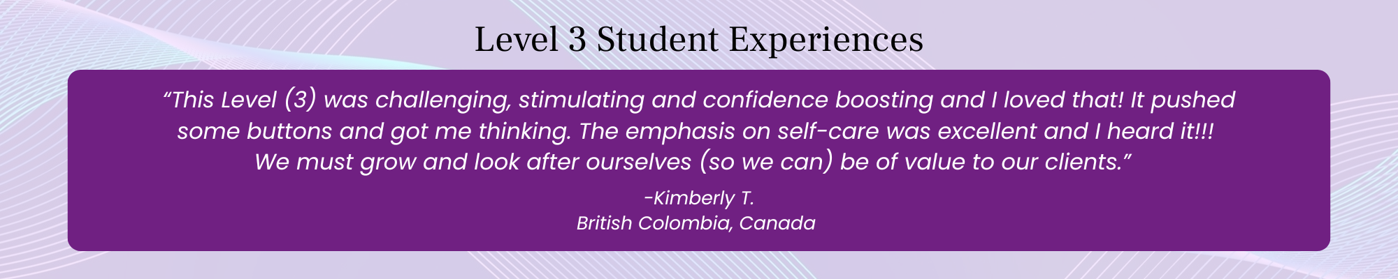 Level 3 Healing Touch student testimonial reflecting personal challenge, confidence building, and emphasis on self-care in advanced training.