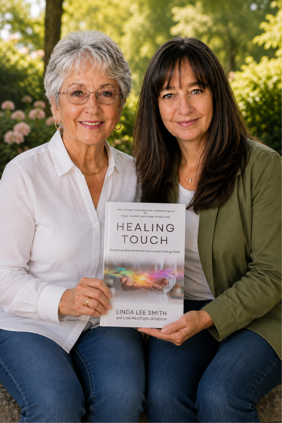Linda Lee Smith and Lisa Mentgen-Gordon seated outdoors holding the book Healing Touch: Restoring Balance Within the Human Energy Field.