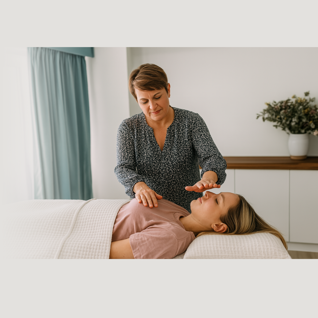 Healing Touch Fast Track training in progress, showing a practitioner practicing hands-on energy healing to maintain learning momentum.