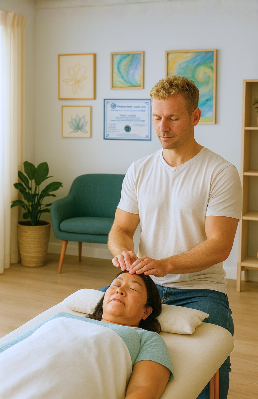 Healing Touch Certified Practitioner providing a professional energy healing session in a calm clinical environment.