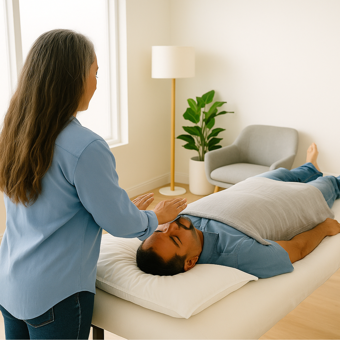 Healing Touch energy therapy session showing gentle hands-on or near-body biofield work, illustrating heart-centered energy healing modality.