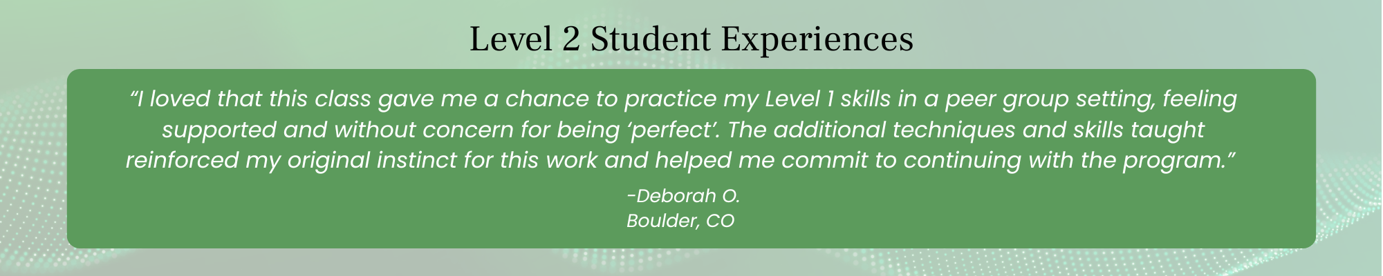 Level 2 Healing Touch student testimonial reflecting peer-supported learning and reinforcement of foundational energy healing skills.