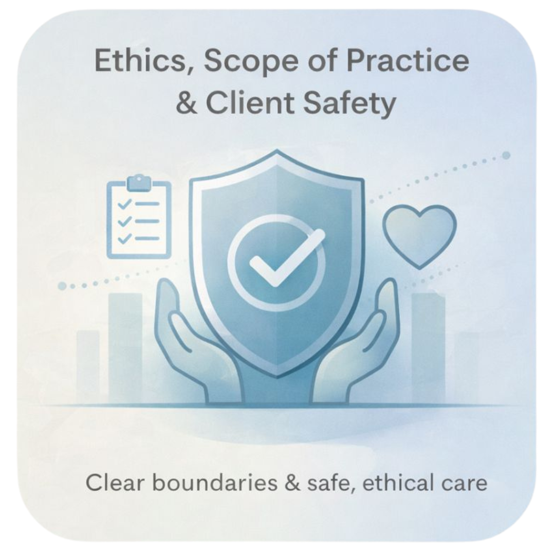 Illustration featuring a protective shield, heart, and guiding hands symbolizing ethical practice, clear boundaries, and client safety in Healing Touch.