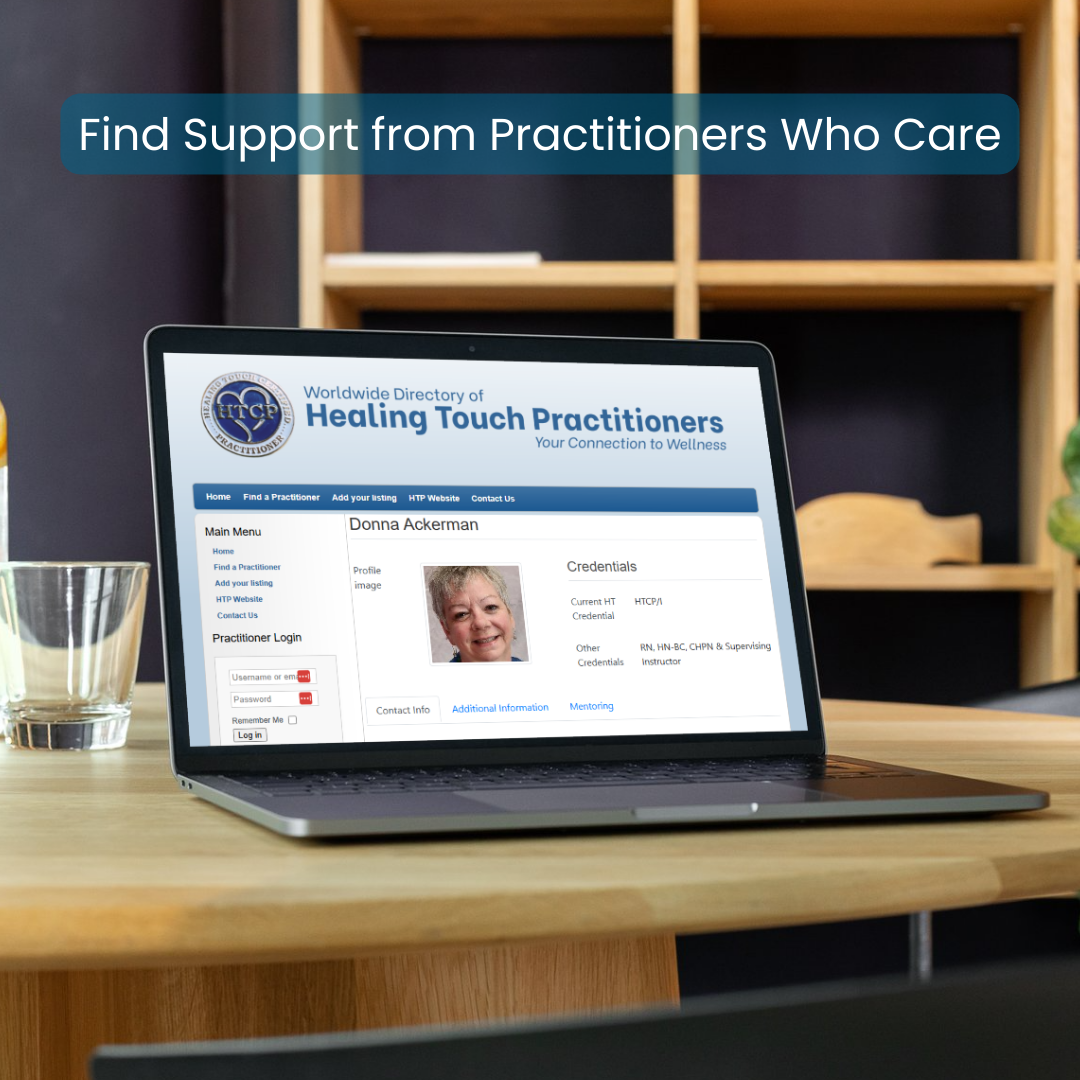 Illustration of Healing Touch Practitioner Directory representing global search for certified energy therapy professionals.