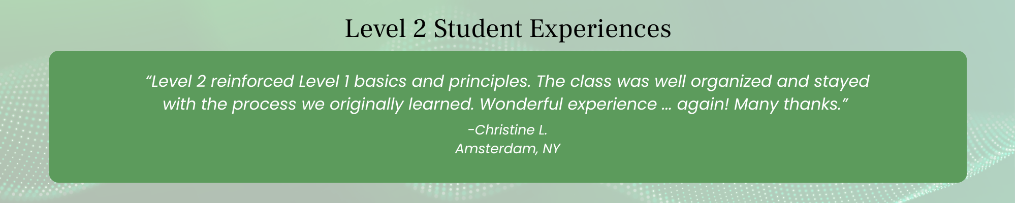 Level 2 Healing Touch student testimonial describing reinforcement of Level 1 principles through structured and well-organized training.