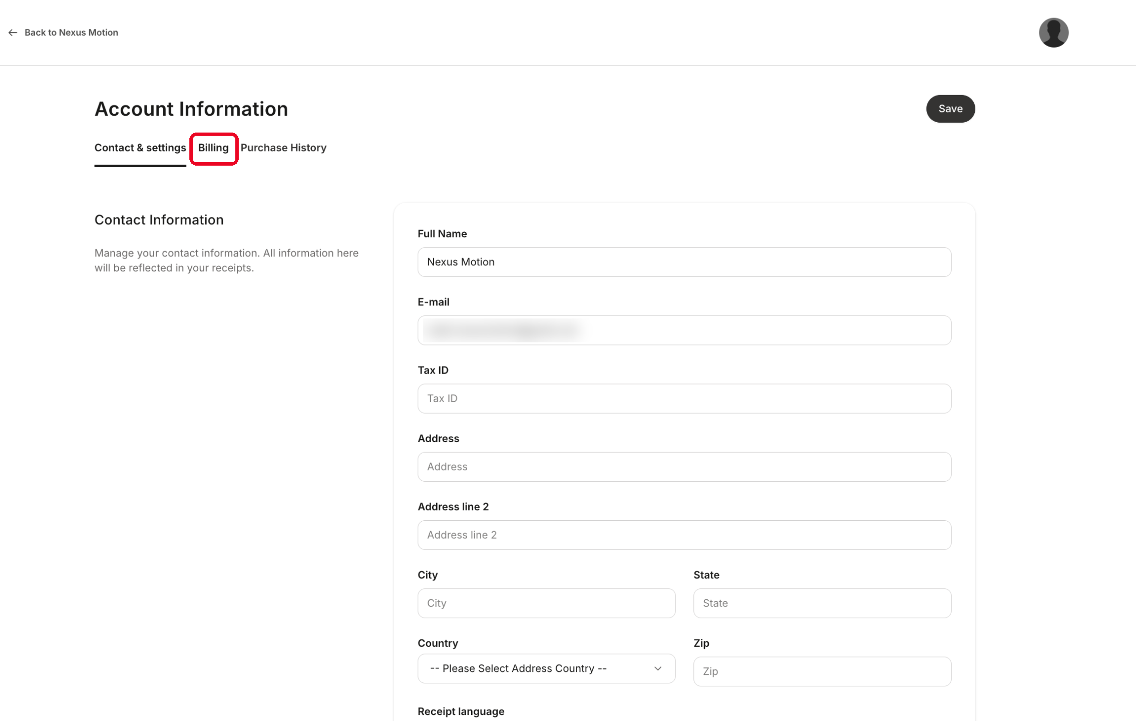 Account InformationページのBillingタブ