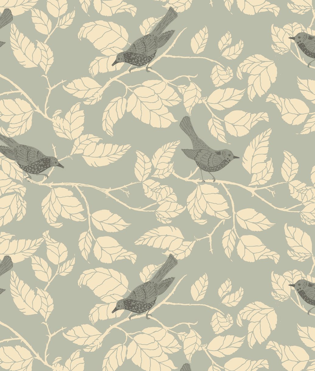 The Blackberry Thrush pattern: thrushes perched among cream leaves on a sage green ground